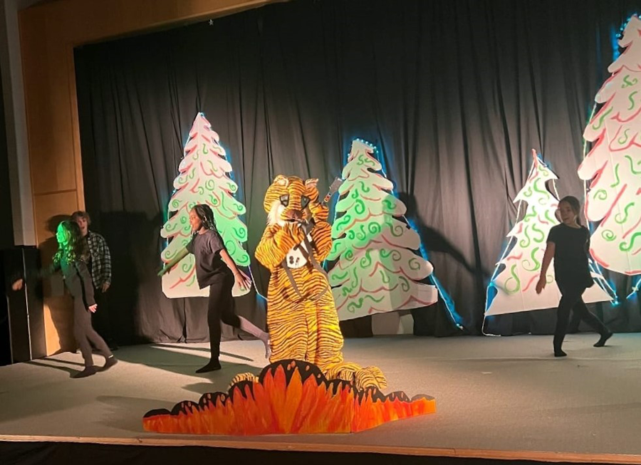 Des élèves danse sur l'estrade, une mascotte joue de la guitare et des sapins de Noël en arrière plan