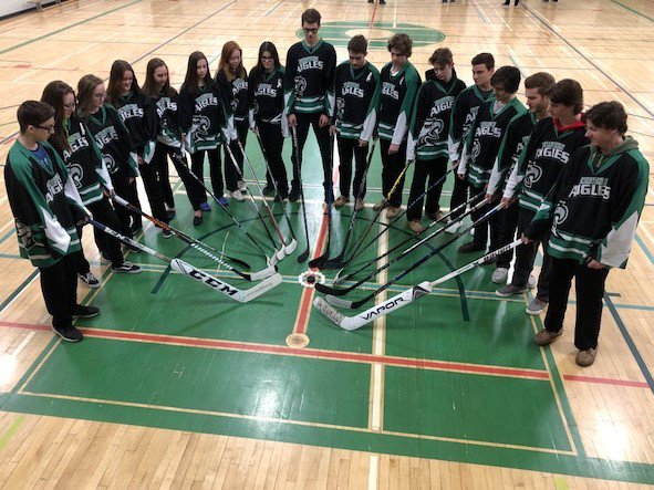 L'équipe de hockey son en demis cercle avec leur bâton d'hockey pointer dans le centre